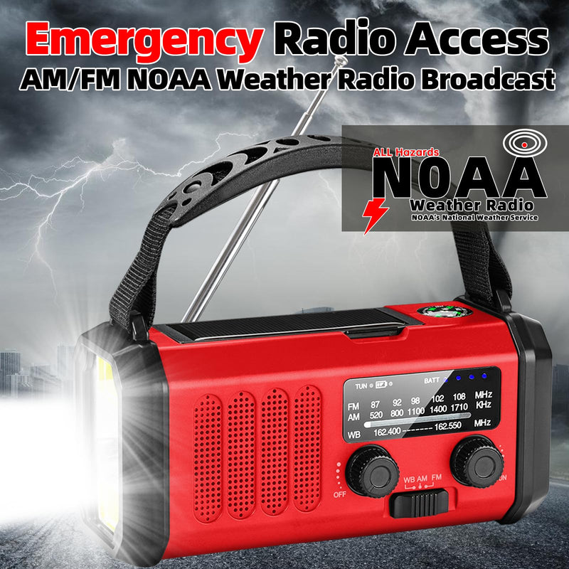 Emergency Weather Radio, 10000mAh /37000mWh Crank Radio, Portable NOAA/AM/FM Weather Radio, Reading Light, Solar Radio, SOS Emergency Flashlight, Multiple Power Sources,for Hurricanes and Emergencies Red