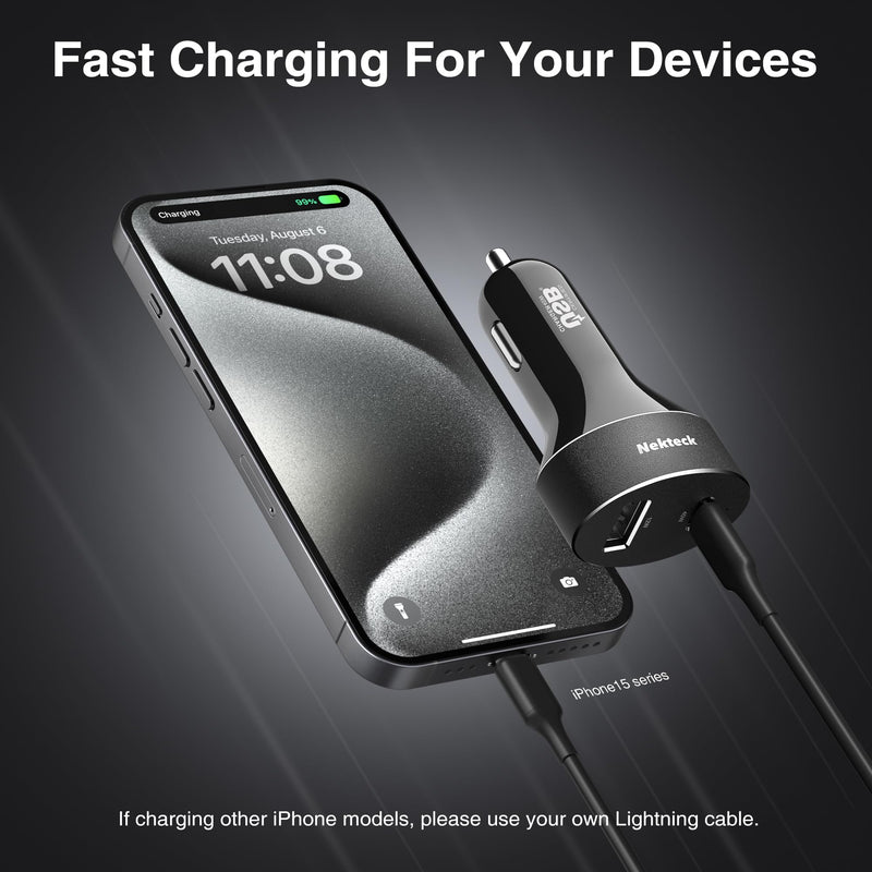 Nekteck 45W 2-Port USB-C Car Charger, PD 3.0 & QC 3.0 Fast Charging | USB-IF Certified for Safe, Stable Charging, Includes 3.3ft Cable, Compatible with MacBook Air/Pro, iPad, and iPhone 16/17