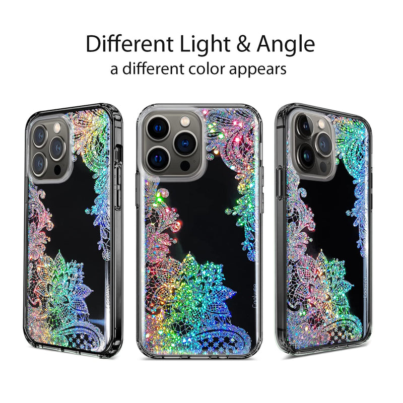 Coolwee Anti Yellowing Clear Glitter for Apple iPhone 15 Pro Max Case Floral, 6.7 inch, 6.6ft Military Grade Protective Cute Mandala Crystal Bling Lace Slim TPU with Camera & Screen Protector Clear Glitter Lace