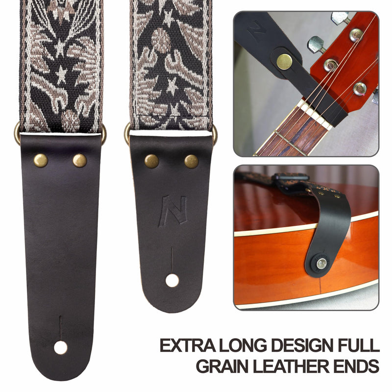 Nefelibata Guitar Strap, 2" Embroidery Full Grain Leather Ends Guitar Straps with Hidden Pocket, for Bass, Electric and Acoustic Guitars, Strap Button, Strap Locks and Guitar Picks Mystery Totem-beige