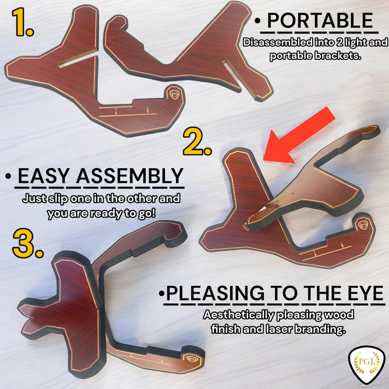PGL Stepped Wooden Guitar Stand (Floor Stand) w/ Thicker EVA Protective Padding, Thicker Material, Electric Guitar Step, Acoustic Guitar Step, Surface Laser Engraved Diagram and Border, Universal Holder for Acoustic, Bass, Electric & Classical Guitars ...