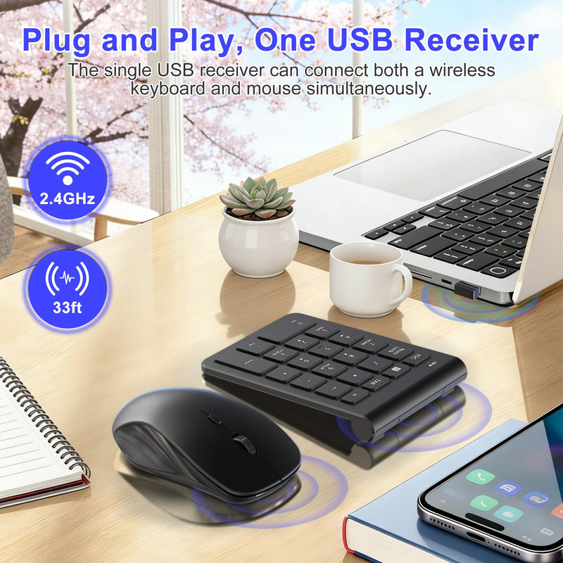 Wireless Mouse and Number Pad Combo - 22 Key USB Keypad and 3 Adjustable DPI Silent Mouse, 2.4GHz Ultra Slim & Portable Numeric Keypad and Mouse Set for Laptop, PC, Desktop, Notebook, One USB Receiver