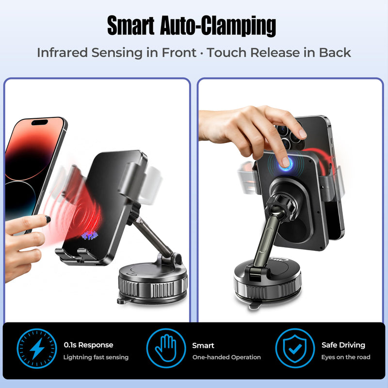 Car Phone Holder Charger, 15W Wireless Car Charger with Auto Clamp & Smart Sensor, Rotating Vacuum Suction Cup Dashboard/Windshield Phone Mount, 360° Adjustable Car Mount for iPhone, Samsung, Black for General Suction Cup PM