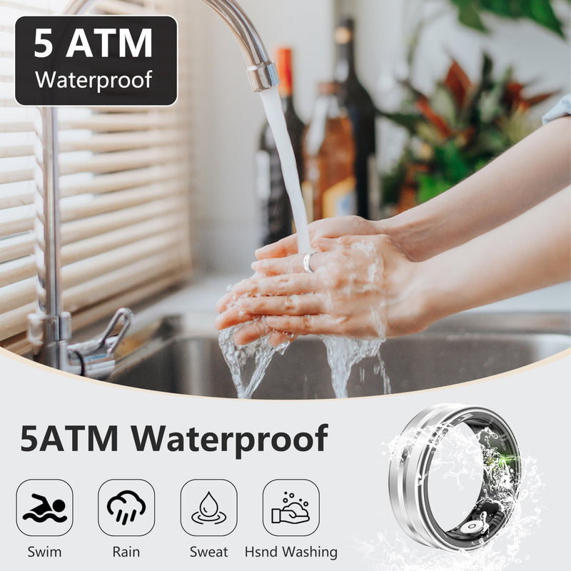 Thin Smart Ring for Fitness & Health Tracking -Pedometer,Sleep/Heart Rate/Blood Oxygen Monitor, Gesture Control / 5ATM Waterproof -No APP Subscription Compatible with Smart Phone (Silver, 12) Silver