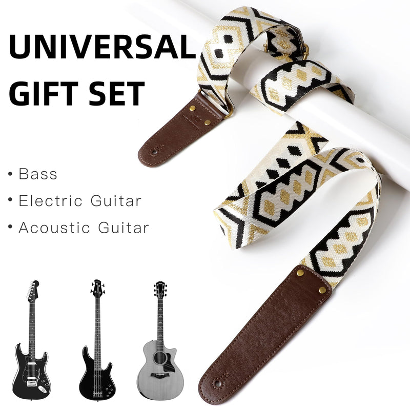 Guitar Strap, Woven Guitar Straps with Double Vegetable-Tanned Cowhide Leather Ends for Bass Guitar, Electro Acoustic Guitar, Gift for Kids and Guitarists (Black Gold) Black and gold geometric pattern Adjustable 38-63 inches