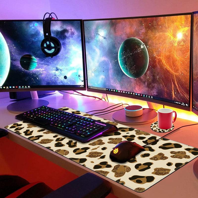 Leopard Glitter Mouse Pad Large with Coaster, 35.4"x15.7" Full Desk Mousepad Stitched Edges Non Slip Base Desk Pad Extended Large Gaming XXL Mouse Pad for Desk Office Home XXL-35.4"x15.7"x0.12" Leopard Glitter