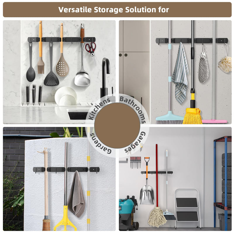 3 Positions Wall Mounted Mop Holder, Robust Stainless Steel Broom Holder, Multifunctional Broom Storage, Mop Holder with Hook, Mop Wall Mount, Device Holder Rail for Kitchen, Bathroom, Garden