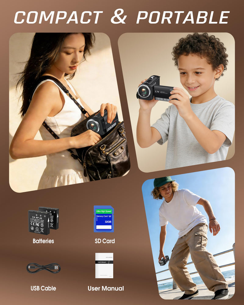 Video Camera Camcorder, QHD 2.7K 56MP 16X Digital Zoom Vlogging Camera | 2.8" 270° Rotatable Screen Camcorder, Built-in LED Fill Light Camcorder for YouTube with 32GB Card and Two Batteries Charcoal