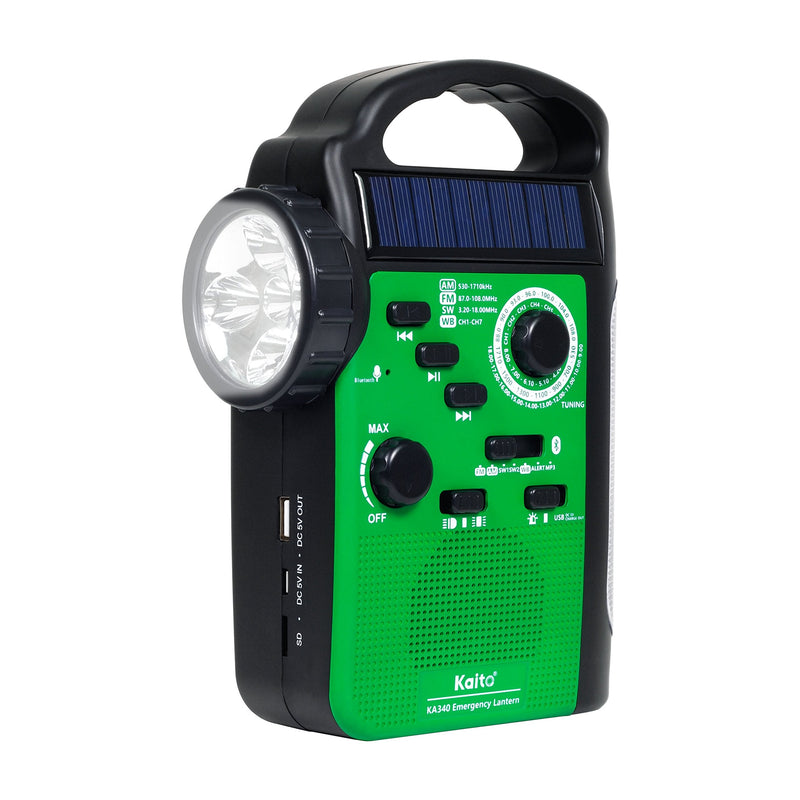 [AUSTRALIA] - Kaito KA340 Solar Dynamo Hand Crank Rechargeable LED Camping Lantern for Emergency AM/FM/SW NOAA Weather Alert Solar Radio with Bluetooth, Flashlight, Phone Charger, MP3 Player & Siren (Green) Green 