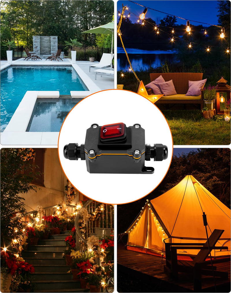 [AUSTRALIA] - QWORK® IP65 Waterproof Inline Cable Switch with Red Indicator Light, 220V 30A, DPST Rocker Switch, Dual Position On/Off Rocker Switch 