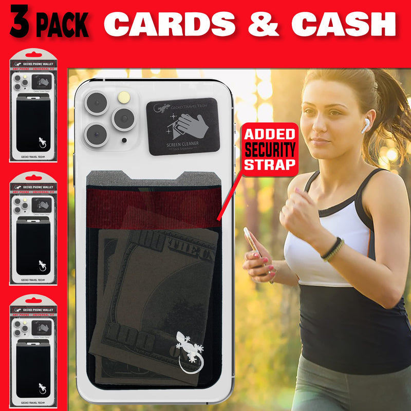Gecko Travel Tech 3 Pack Phone Wallet Stick on- Phone Card Holder Black - Cellphone Accessories Universal fits Any Cellphone - cardholder Stretchy - Phone Card Holder Wallet (x3 Black/White BLACK WHITE - 3 PACK