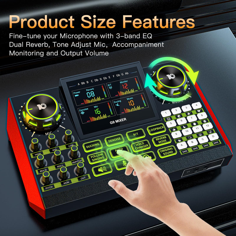 [AUSTRALIA] - Audio mixer, suitable for live streaming, singing, and gaming on computers/phones; podcast mixer with real-time sound card, noise reduction function, and one-click mute function G9 AUDIO MIXER 
