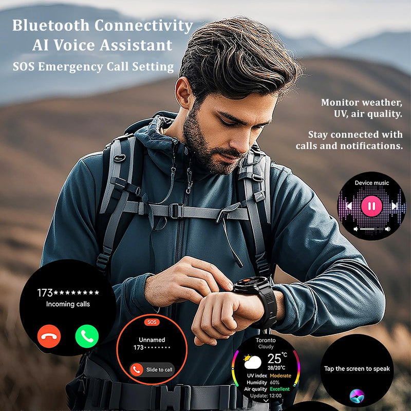 Military GPS Smart Watch: 1.43” AMOLED Always On Display, Built-In GPS, Compass, Altimeter, Barometer, Fitness/Path Tracker, BT Call, 150+ Sports, IP69K, Voice Assist, Long Battery Life, Android/iOS