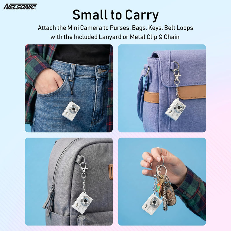 MiniPix 1080P Digital Keychain Camera, 8GB Card, USB-C, White | 0.96-inch color screen, 1MP sensor, photo/video capture, pocket size, clip-on design, rechargeable, travel, gifts, teens, 6+