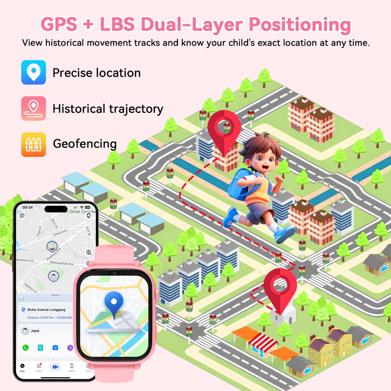 4G Kids Smart Watch Phone GPS, Smartwatch for Boys Girls Ages 4-12 Years with Video Call Chat Class Mode SOS Camera Alarm Games Parental App Touch Watch Gifts for Children (Includes SIM Card) Pink Rose Pink