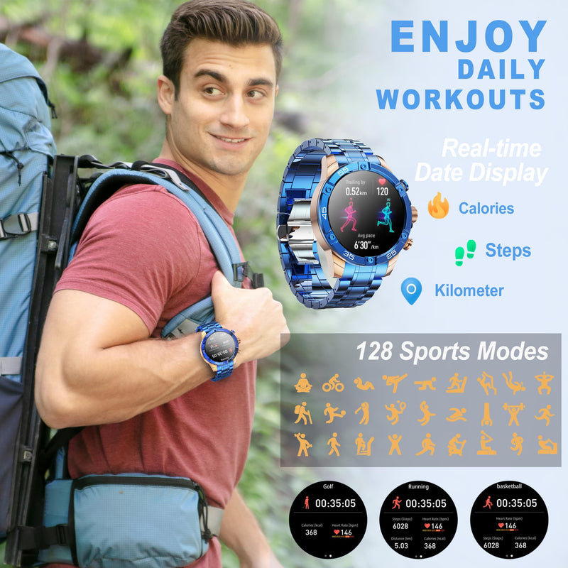 Men's Smart Watch Round HD 1.53" Gold Blue Smart Watches for Men, Multiple Sports Modes, Bluetooth Voice Call. Available for iOS and Android (Blue)