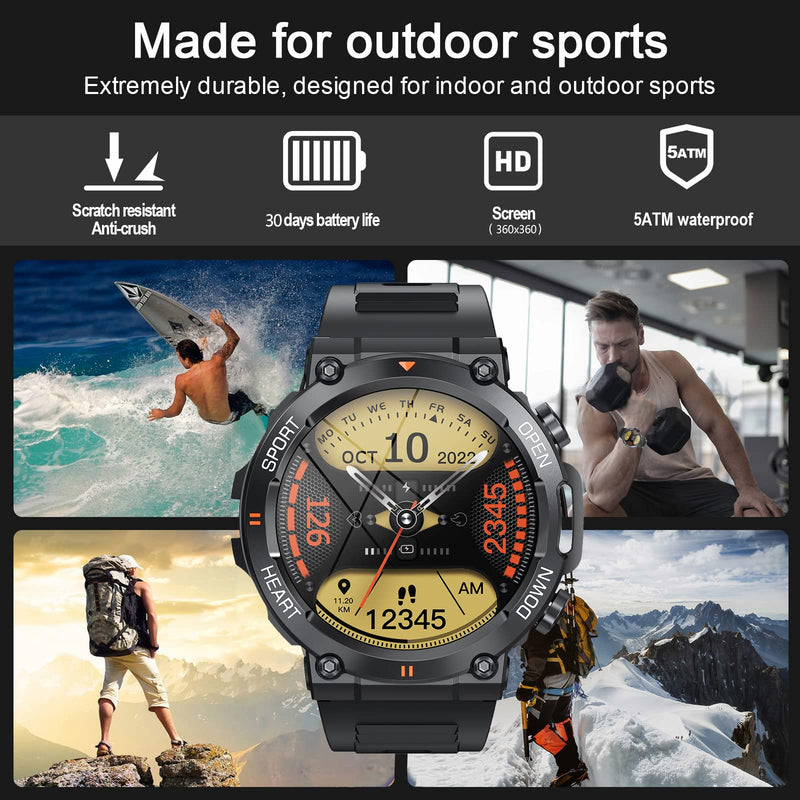 1.39" IPS Screen Smart Watches for Men Rugged Tactical Fitness Tracker with Call (Answer+Dial) Heart Rate SpO2 Sleep Monitor 120+ Sport Modes Waterproof Sport Smartwatch for Android iOS Black