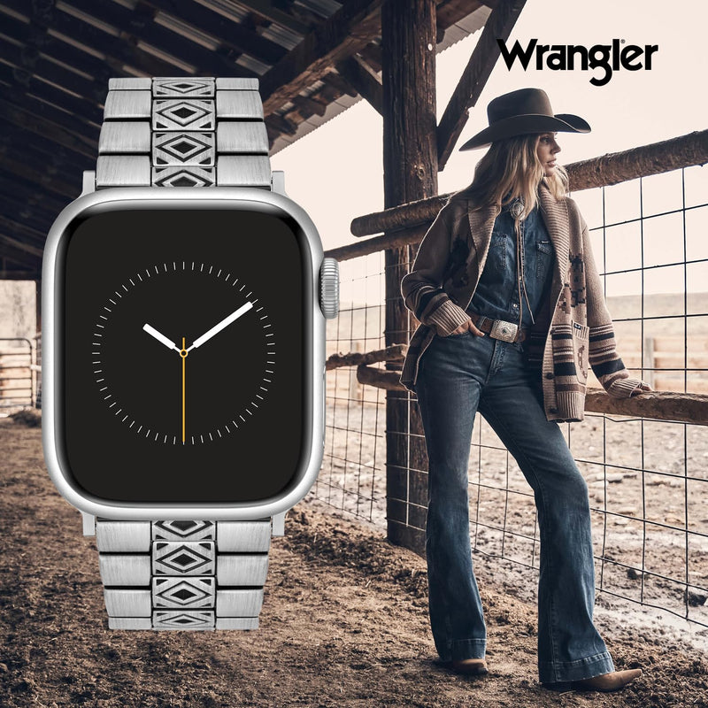 Wrangler® Silver Link Metal Band for Apple Watch®, Western Style, Unisex | Fits all Apple Watch® Series & Sizes, Adjustable Sizing - Fits Most Wrists, Silver-Tone Alloy Links, Dress or Casual Wear Frontier Links