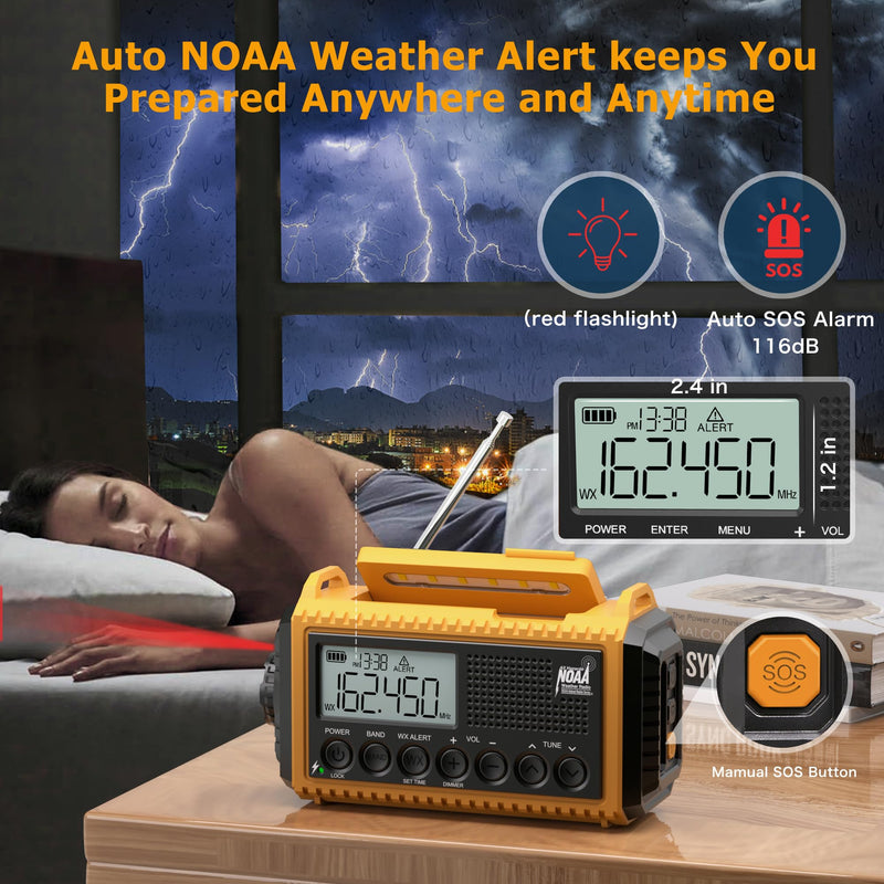12000mAh NOAA Emergency Weather Radio, Hand Crank Emergency Radio Portable AM FM Shortwave, Solar Rechargeable Battery Powered Radio with USB-C Charger & Adapter, SOS Alert Flashlight for Home Camping 12000mAh Yellow with LCD Display