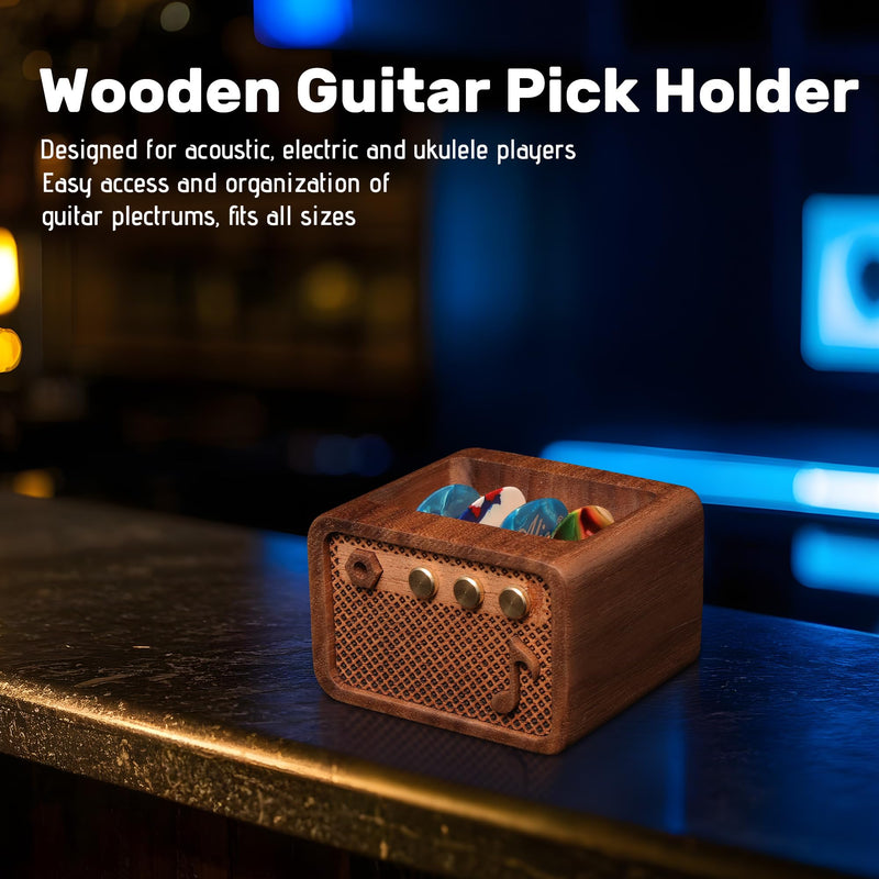 Guitar Pick Holder, Walnut Wood Electric Guitar Amp Styled Pick Holder for Picks Storage and Display, Gift for Guitar Players Guitarists Style Walnut