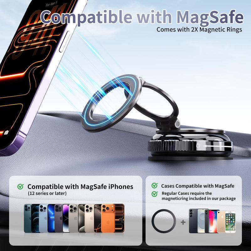 for MagSafe Car Mount, Vacuum Suction Phone Holder | 32 kgf Suction, 720° Rotation, Detachable Dual-Side Zinc Magnetic Head, for iPhone 12–17 & Android, Sticks to Metal