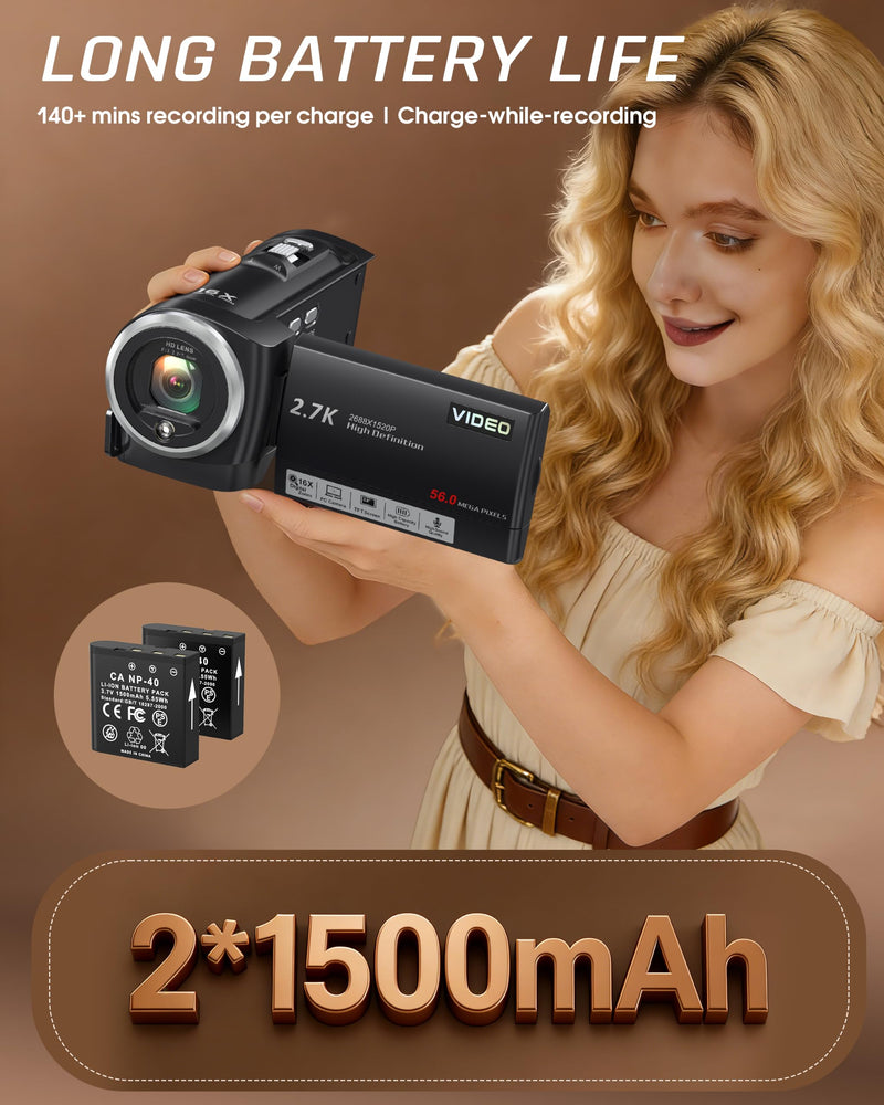 Video Camera Camcorder, QHD 2.7K 56MP 16X Digital Zoom Vlogging Camera | 2.8" 270° Rotatable Screen Camcorder, Built-in LED Fill Light Camcorder for YouTube with 32GB Card and Two Batteries Charcoal