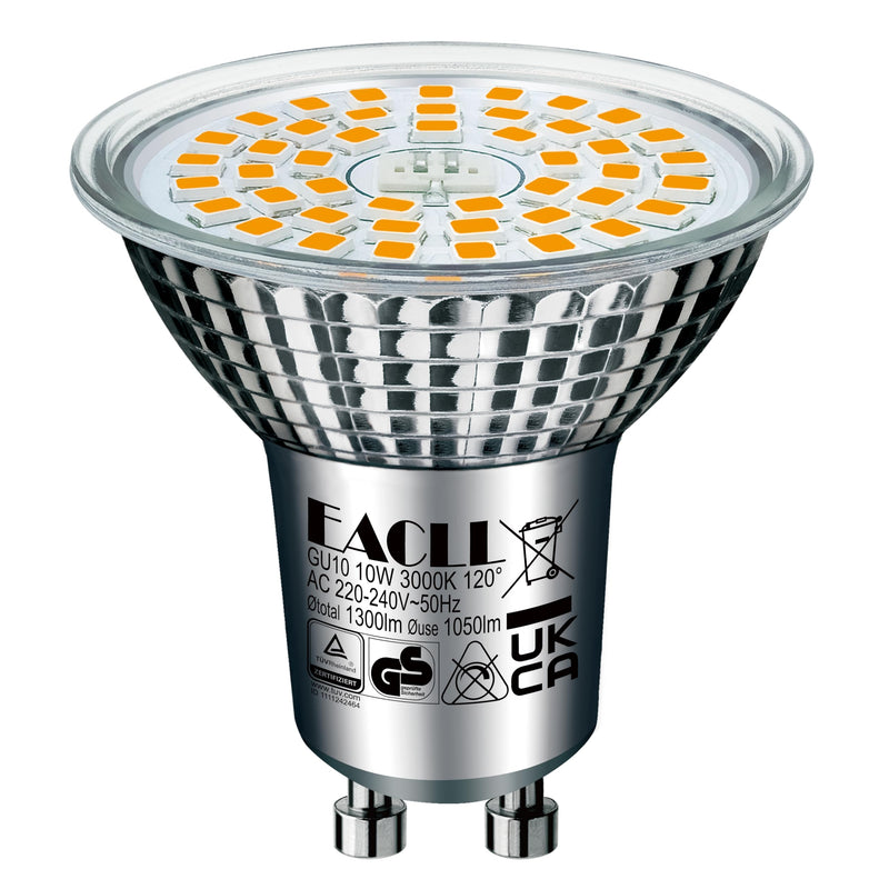 EACLL GU10 LED Warm White 10 W Replaces 140 W Halogen Bulbs, Pack of 2, 1050 Lumen 3000 K Bulbs, AC 230 V Flicker-Free Spotlight, Beam Angle 120 Degree Spotlight, Non-Dimmable Reflector Lamps 10 W 3000 K Warm White Light 2 Stück (1er Pack)