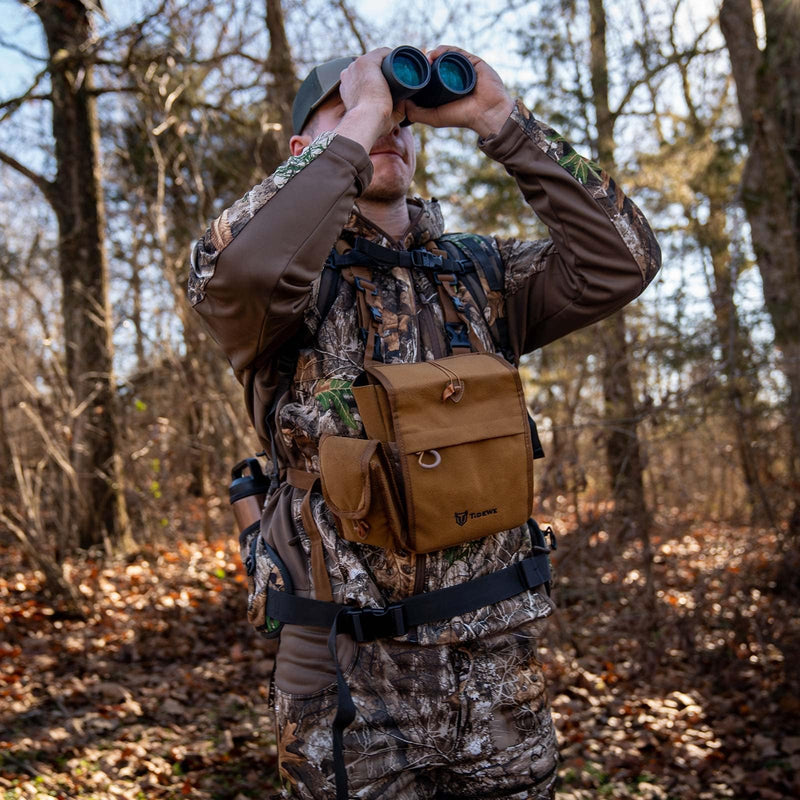 TIDEWE Bino Harness with Rangefinder Pouch & Rain Cover, Long-lasting Lightweight Portable Binocular Pack for Hunting, Hiking Standard Brown