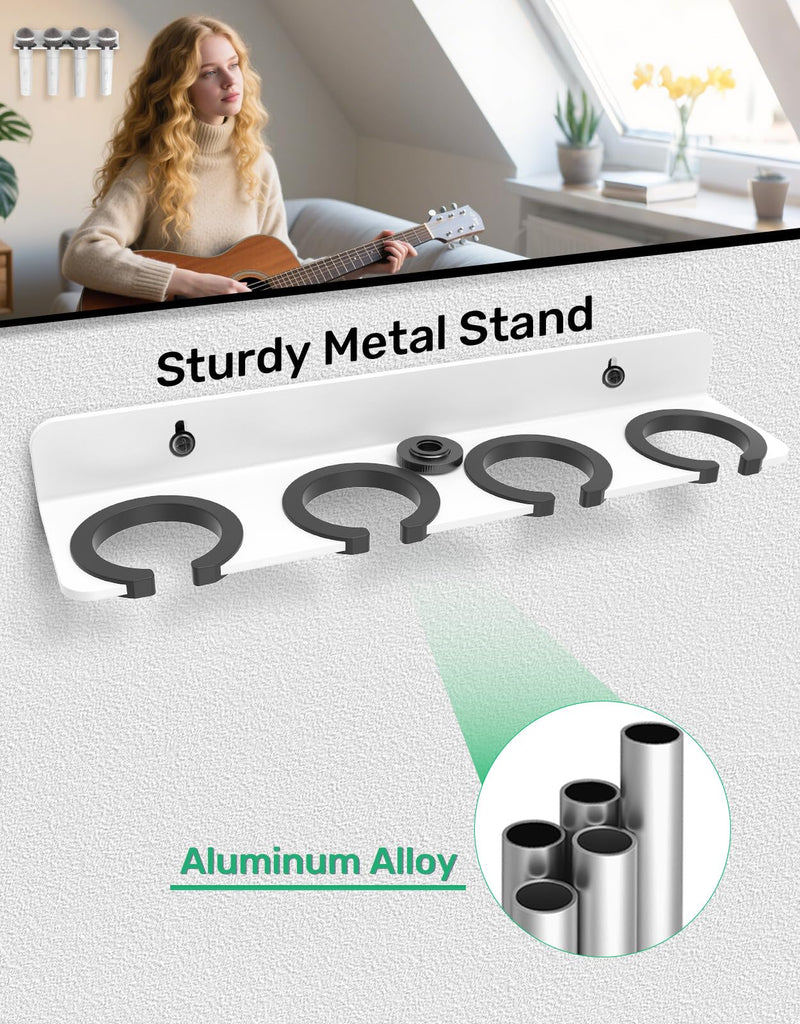 4-Slot White Multi Microphone Holder for Wired and Wireless Mics, Hold Up to 4 Mics, Multiple Mic Organizer Storage for Mic Stand, Rubber Padding/Wall Mounted or Mounted to 5/8"-27 or 3/8"-16 Stand