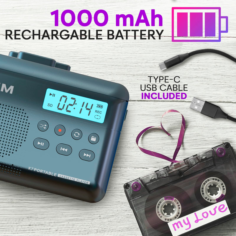 [AUSTRALIA] - KLIM K7 Cassette Tape Player - Cassette to MP3 Converter - Portable - Built-in Microphone & Speaker - Rechargeable Battery - Earphones - 16GB SD Card - Blue 