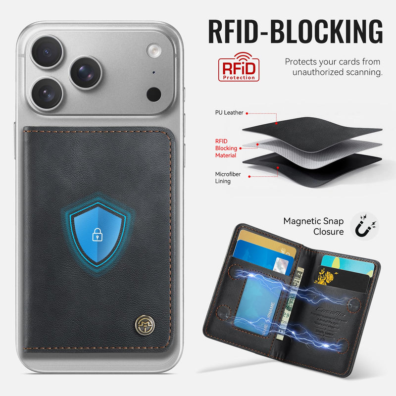 Magnetic Wallet Card Holder with RFID Protection, PU Leather Slim Wallet, Strong Magnet Attachment for iPhone 18/17/16/15/14/13/12 Series Pro Max Plus Mini-Black Black