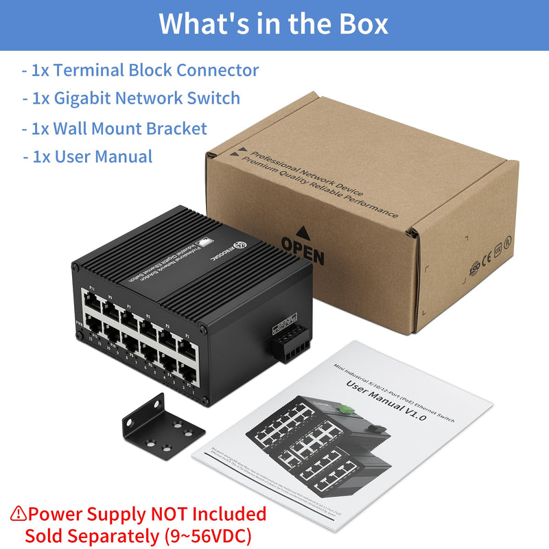 Industrial 12-Port Gigabit Ethernet Switch, 10/100/1000 Mbps | Unmanaged Network Switch, Dual 9-56V DC Power Input, DIN Rail & Wall Mount, Fanless Metal Housing, IP40 for CCTV and Factory 12 Gigabit Ports(NON POE)