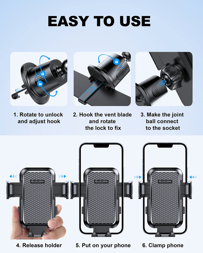 [2024 Newest] Car Vent Phone Mount, [Upgrade Hook Clip Never Shake] Adjustable 360 Rotation Vent Clip Car Phone Holder Mount, Big Phone & Thick Case Friendly Fit for All iPhone, Samsung & Cell Phone AC-Black Air Vent Hook