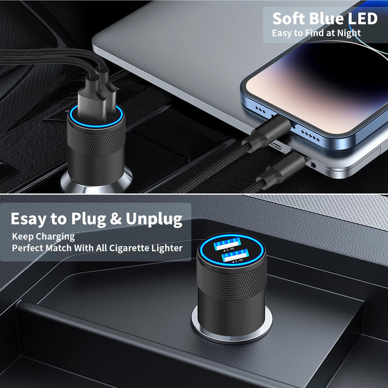 【MFi Certified】iPhone Fast Car Charger, Caiinei 4.8A Dual USB Power Car Charger Fast Charging Cigarette Lighter Adapter+6FT Coiled Lightning Cable for iPhone 14 13 12 11 Pro/XS Max/Mini/XR/X/8/SE/iPad Ceramic Black