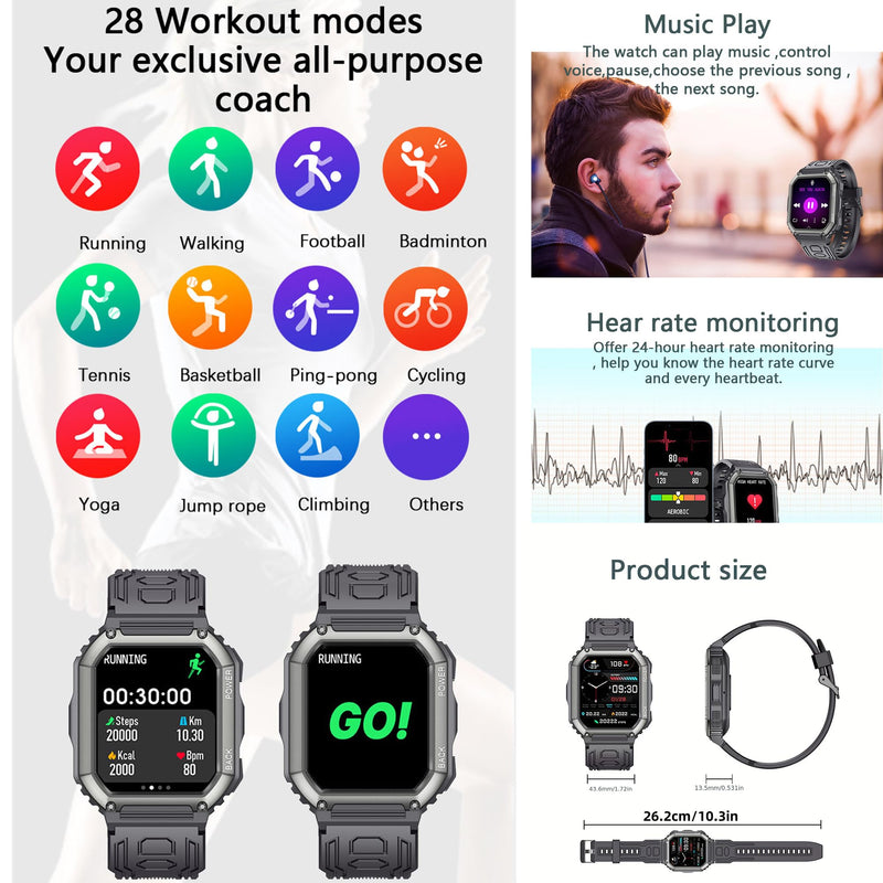 Smart Watches for Men(Answer/Make Call), 1.8" HD Fitness Tracker Watch with Blood Pressure/Heart Rate Monitor, SpO2, 100+ Sports Fitness Smart Watch for Android/iOS Phones, 3 Watch Bands (Black)