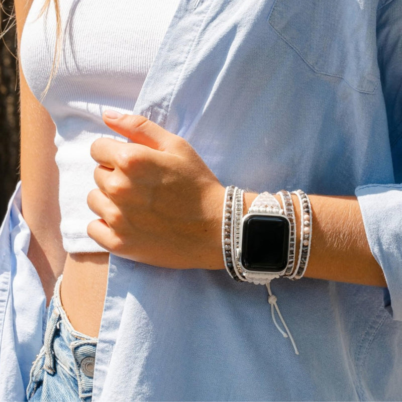 Cape Diablo White Labradorite Smart Watch Strap - Genuine Energy Crystal Band - Boho, Beaded, Adjustable, Healing, Anti-Anxiety Chakra Stone Watch Bracelet - Apple Models 4, 5, 6, 7, 8, SE - 38mm-45mm