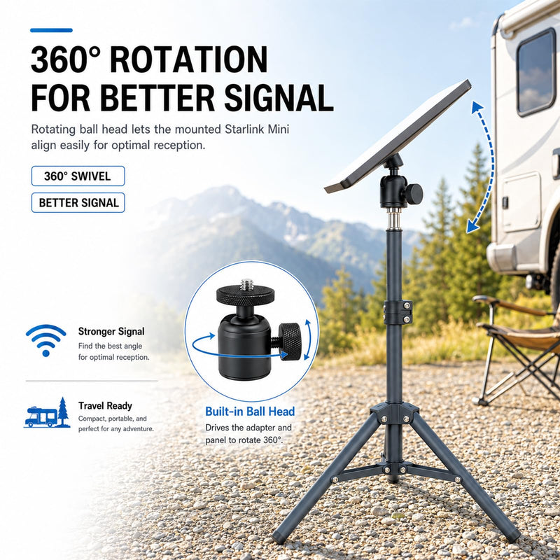 Portable Tripod for Starlink Mini, 360° Adjustable Metal Stand, Compatible with 2025 Model & New Old Pipe Mount Adapters, Sturdy Tripod Mount for RV, Camping & Travel – Quick Setup