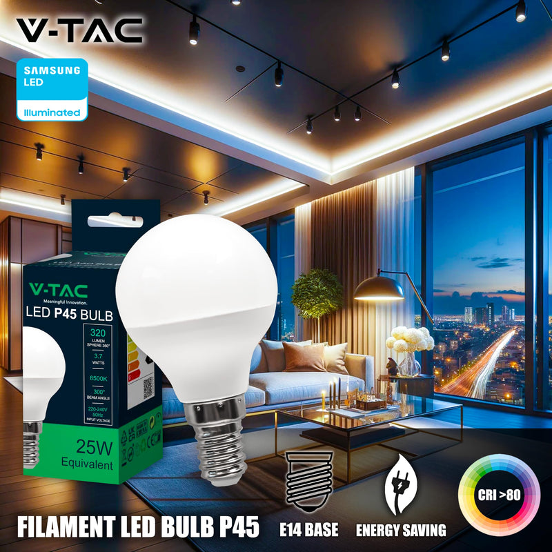 V-TAC 10 x LED Light Bulbs P45 Maximum Energy Efficiency E14 3.7 W (Equivalent to 25 W) 320 Lumen LED Light Bulbs Energy Saving Light Bulb Light 6500 K Cool White 3.7 watts Cold White