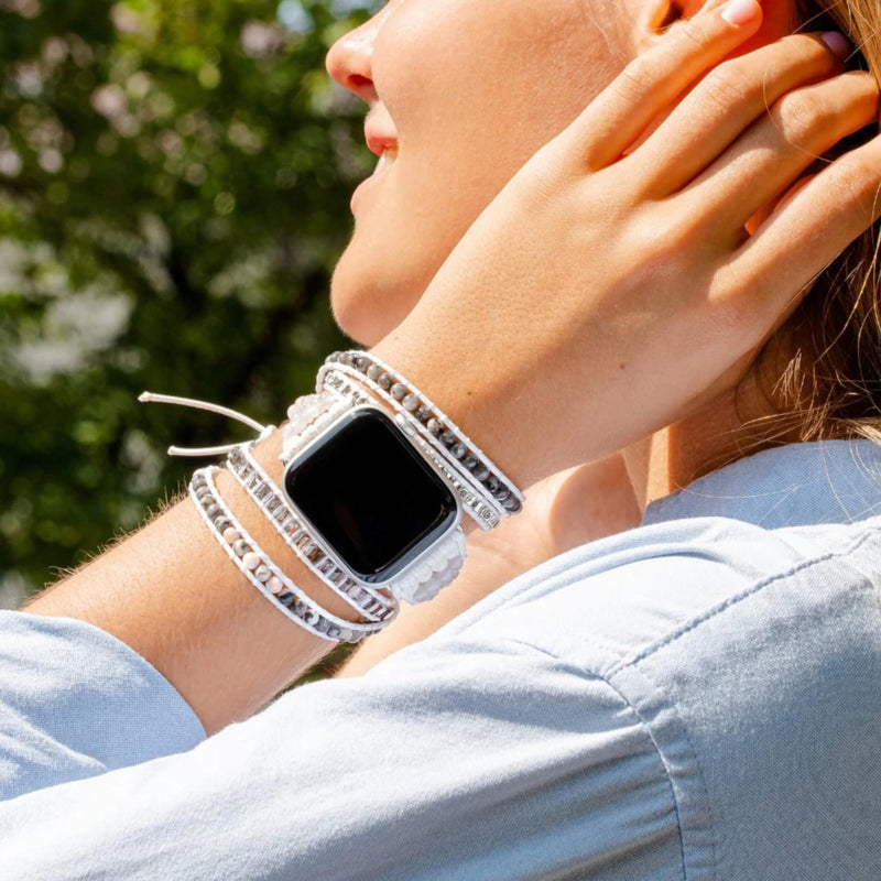 Cape Diablo White Labradorite Smart Watch Strap - Genuine Energy Crystal Band - Boho, Beaded, Adjustable, Healing, Anti-Anxiety Chakra Stone Watch Bracelet - Apple Models 4, 5, 6, 7, 8, SE - 38mm-45mm