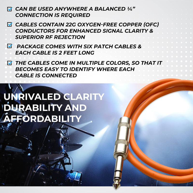 [AUSTRALIA] - Seismic Audio Speakers ¼” to ¼” TRS Patch Cables, 2 Foot Patch Cables, Pack of 6, Multi Color 