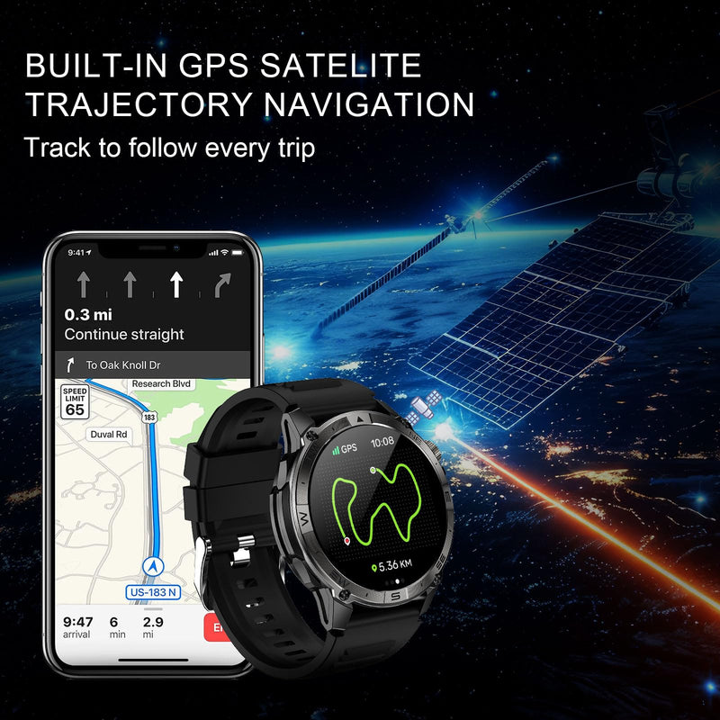 Military Smartwatch for Men, GPS Smart Watches Bluetooth Calls, 1.43" AMOLED Fitness Tracker with 530 mAh Large Battery/3ATM Waterproof/Compass/Air Pressure/Altitude for Android iOS Black