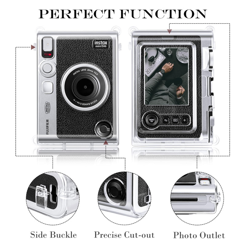 Rieibi Accessories for Fujifilm Instax Mini Evo Instant Camera, Christmas Gift Bundle Includes Clear Instax Mini Evo Case & Lens Cap with Anti-Loss String 3 accessories