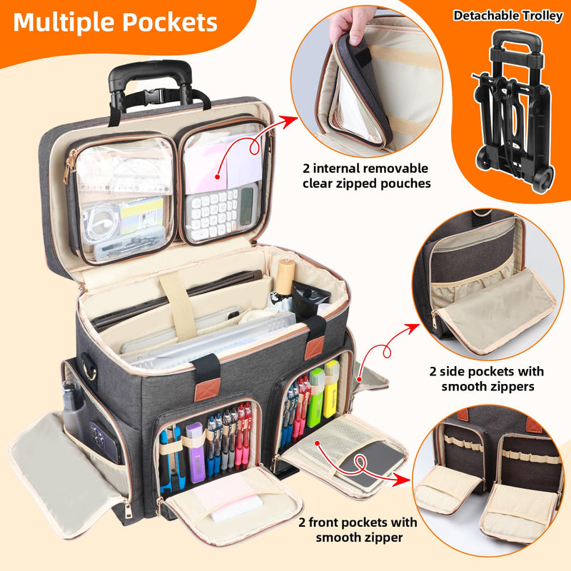 Rolling Teacher Tote Bag with Detachable Trolley Elegant Gray & Watch Band Organizer Case for Apple Watch Band Daisy