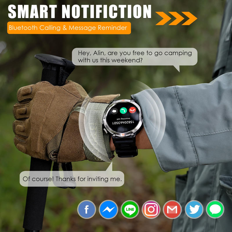 Military Smart Watches for Men Built-in GPS LED Flashlight Smartwatch | Rugged Tactical Smart Watch 3ATM Waterproof Compass Calls 530mAh Battery Fitness Tracker with HR/Sleep Monitor iOS Android KE3P Black