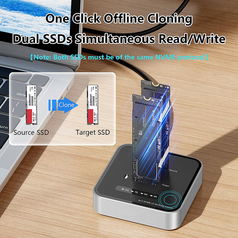 Dual-Bay M.2 NVMe SSD Enclosure, Offline Clone SSD Duplicator, 20Gbps Read/Write Expansion SSD Reader NVMe Enclosure, Tool-Free, Up to 8TB