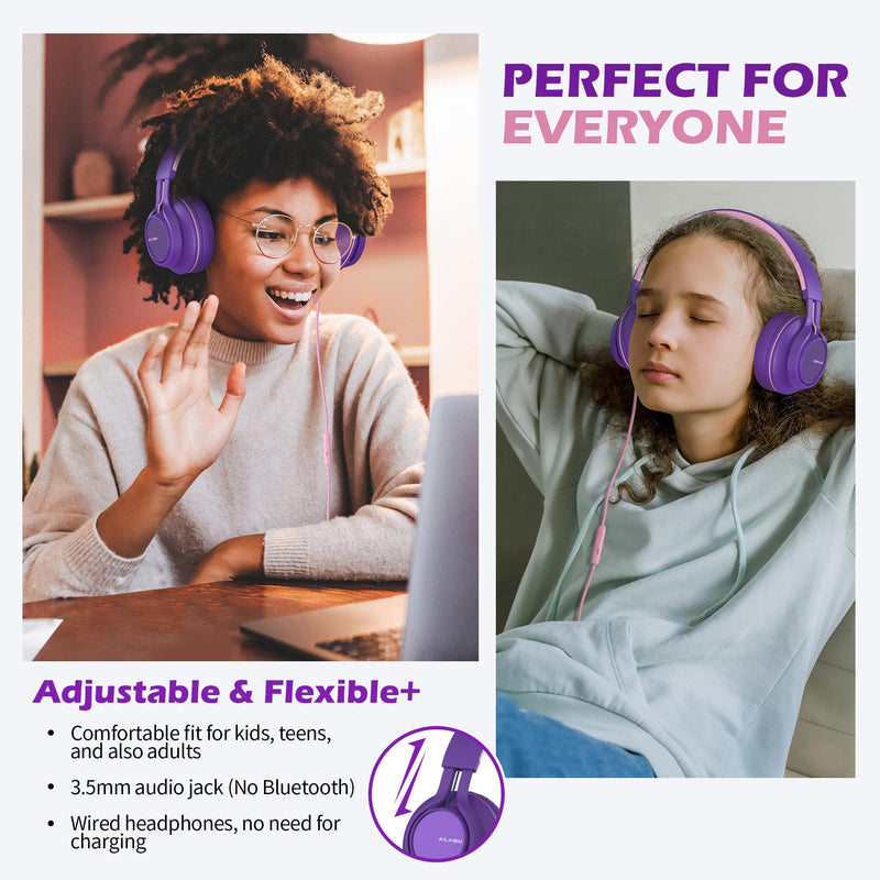 [AUSTRALIA] - AILIHEN C8 Girls Headphones, On-Ear Headphones Wired with Microphone and Volume Control Foldable Corded Stereo 3.5mm Headset for Girls School Chromebook Laptop Computer PC Tablets Travel (Purple Pink) Purple Pink 