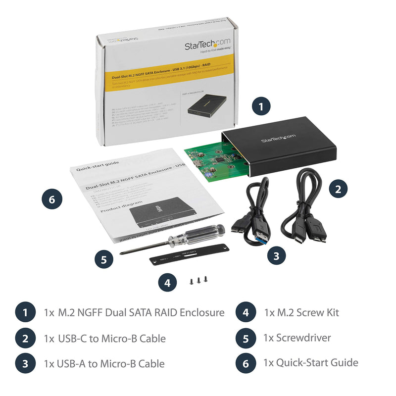 StarTech.com Dual-Slot Hard Drive Enclosure for M.2 SATA SSDs - USB 3.1 (10Gbps) - Aluminum - M.2 to SATA - Raid Drive Enclosure (SM22BU31C3R) USB-A & USB-C Dual M.2 SATA