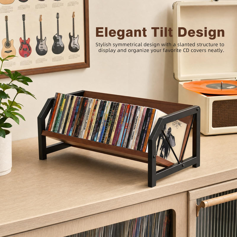 CD Holder Rack, Tilting DVD Storage Shelf for Tower Small Space | Store Up to 38 CDs and 30 DVDs, Desktop Bookshelf Organizer, Easy Acess, Sturdy Metal & Wood Construction, Portable Angle Brown-1 Tier