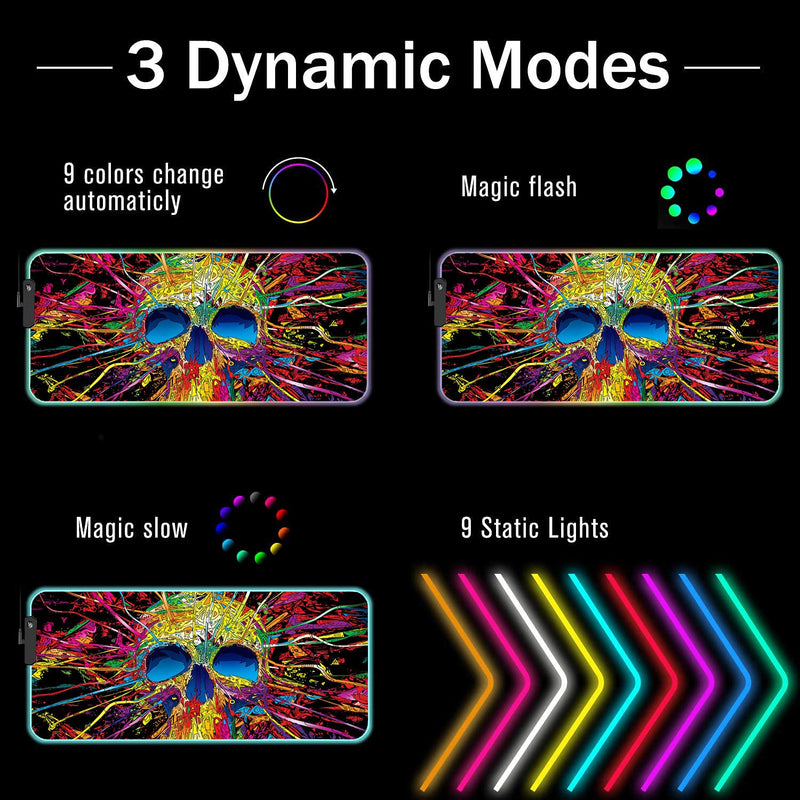 Luasao RGB Gaming Mouse Pad with Coffee Coaster, Color Skull Design XXL Large Glowing LED Mousepad, Anti-Slip Rubber Base, Computer Keyboard Desk Mouse Mat 31.5 X 11.8 Inch
