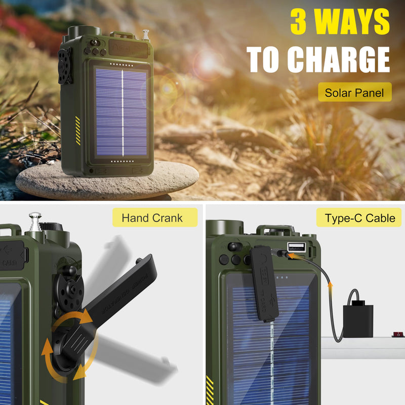 Emergency Crank Radio- Emgykit 4000mAh/14800mWh AM/FM/WB/SW/NOAA Weather Radio with Bluetooth,Flashlight,SOS Alarm, Powered by USB Charged,Hand Crank & Solar Power for Camping, Emergency Green